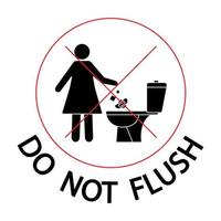nicht spülen, Symbol. Frau wirft Damenbinden in die Toilette. Toilette kein Müll. Bitte spülen Sie keine Papierhandtücher, Hygieneartikel, Symbol. Verbotssymbol
