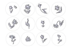 Silver Metal Story Highlight Blumen und Blätter Icons Set. vektor