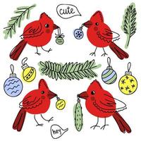 norra kardinal fåglar och jul leksaker doodle samling. vektor