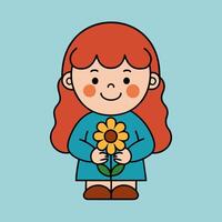 en flicka med lång röd hår är innehav ett orange blomma med grön löv. hon är bär en blå klänning och brun skor. hon har en Lycklig uttryck på henne ansikte. vektor