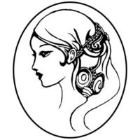 Vektorillustration, ein Mädchen in einem Kopfschmuck mit Schmuck in einem ovalen Rahmen, für die Schönheitsindustrie
