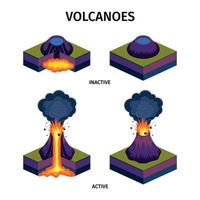 aktiva och sovande vulkaner isometrisk uppsättning vektor