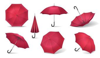 sju röda realistiska paraplyikonuppsättning vektor