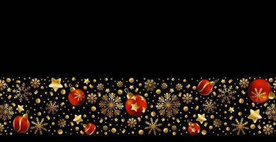 gott nytt år och god jul gratulationskort, semester banner, webbaffisch. mörk bakgrund med lysande gyllene snöflingor och röda julkulor - vektor