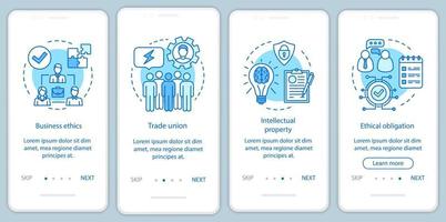 Geschäftsethik beim Onboarding der mobilen App-Seitenbildschirmvektorvorlage. Gewerkschaft, geistiges Eigentum. Walkthrough-Website-Schritte mit linearen Illustrationen. ux, ui, gui Smartphone-Schnittstellenkonzept vektor