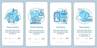 rengöringsmetoder onboarding mobil app sidskärm, linjära koncept. torr, ångrensning. fyra genomgångssteg grafiska instruktioner. högtryckstvätt. ux, ui, gui vektormall med illustrationer vektor