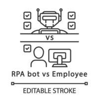 Rpa-Bot gegen lineares Symbol für Mitarbeiter. Vorteile des Einsatzes von Robotern. Moderne Technologien vs. traditionelle Arbeit. dünne Linie Abbildung. Kontursymbol. Vektor isolierte Umrisszeichnung. bearbeitbarer Strich