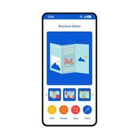 broschyr maker smartphone gränssnittsmall. online pamfletter skapare mobil sidlayout. reklambroschyrer, flygblad designskärm. tri fold broschyr gör webbplats, ansökan platt ui. telefonens display vektor
