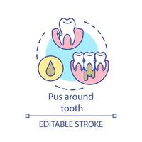 Eiter um das Symbol für das Zahnkonzept. orale Erkrankung. infektiöse Verletzung des Mundes. Bakterien, die in das Zahnfleisch eindringen. Kiefer mit Gumboil-Idee, dünne Linie Illustration. Vektor isolierte Umrisszeichnung. bearbeitbarer Strich