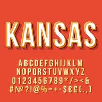 Kansas Vintage 3D-Vektor-Schriftzug. Retro-fette Schriftart, Schriftart. Stilisierter Text der Pop-Art. Buchstaben, Zahlen, Symbole, Elemente im alten Schulstil. 90er, 80er Jahre Poster, Banner. roter farbhintergrund vektor