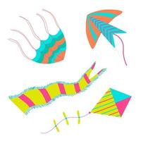 Drachen setzen Vektor-Illustration. fliegendes Windspielzeug und Freizeitsachen. vektor