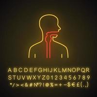 Symbol für Neonlicht im Hals. Angina, Mandelentzündung. oberer Abschnitt des Verdauungskanals. Magen-Darmtrakt. leuchtendes Schild mit Alphabet, Zahlen und Symbolen. isolierte Vektorgrafik vektor