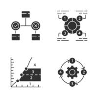 Diagrammkonzepte Glyphensymbole gesetzt. Entscheidungs-, Erklärungs-, Phasen-, Prozessdiagramme. Statistikdaten und Prozessfluss. Information symbolische Darstellung. Silhouette-Symbole. isolierte Vektorgrafik vektor