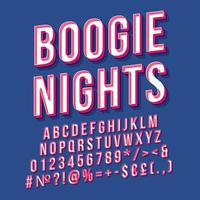 Boogie Nights Vintage 3D-Vektor-Schriftzug. Retro-fette Schriftart, Schriftart. Stilisierter Text der Pop-Art. Buchstaben, Zahlen, Symbole, Elemente im alten Schulstil. 90er, 80er Jahre Poster, Banner. Yale-Farbhintergrund vektor