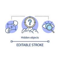 dolda objekt koncept ikon. dolda saker idé tunn linje illustration. söker efter föremål. visuellt pussel. osynliga hemliga element. vektor isolerade konturritning. redigerbar linje
