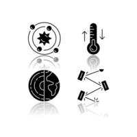 Physik Zweige Schlagschatten schwarze Glyphe Icons Set. Geophysik, Thermodynamik, Astrophysik und Laserphysik. physikalische Prozesse und Phänomene. Kosmologie. isolierte vektorillustrationen vektor