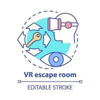 vr escape room konceptikon. modern virtuell verklighet quest idé tunn linje illustration. digital mysteriespelsimulering. innovativ underhållning. vektor isolerade konturritning. redigerbar linje