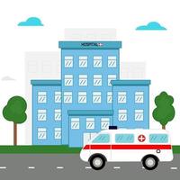 sjukhusbyggnad med ambulans. platt vektor illustration.