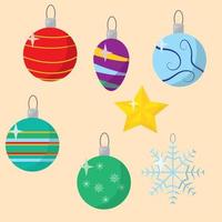 uppsättning av jul- och nyårsdekoration. snöflinga, stjärna, klot och bollar och leksaker att hänga på en gran. julfärger, röd grön, blå, lila. vektor