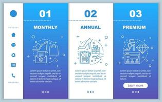 Verkaufspreise für Bekleidungsgeschäfte beim Onboarding der Bildschirmvorlage für mobile Apps. Walkthrough-Website-Seiten. Rabatte einkaufen. monatliche, jährliche, Premium-Tarifpläne. Webseiten-Layout für Smartphone-Zahlungen vektor