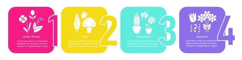 växter vektor infographic mall. botanik. affärspresentationselement. trädgårdsblommor, träd, krukväxter, buketter. steg och alternativ för datavisualisering. process tidslinjediagram. arbetsflödeslayout