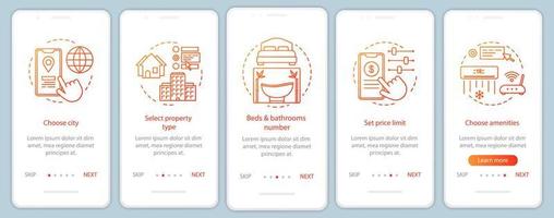 fastighetsuthyrning onboarding mobil app sidskärm med linjära koncept. Fastighetsbyrå. hotellbokning genomgångssteg grafiska instruktioner. ux, ui, gui vektormall med illustrationer vektor