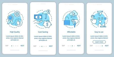 Softwarevorteile Onboarding mobiler App-Seitenbildschirm mit linearen Konzepten. Finanz-Tools und Vorteile Walkthrough-Schritte grafische Anweisungen. ux, ui, gui-Vektorvorlage mit Illustrationen vektor