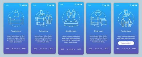 hotellbokning ombord mobil app sida skärm vektor mall. välja boende. enkel, dubbel, dubbelrumstyper genomgång webbplats steg. vandrarhem, motell. ux, ui, gui smartphone-gränssnitt