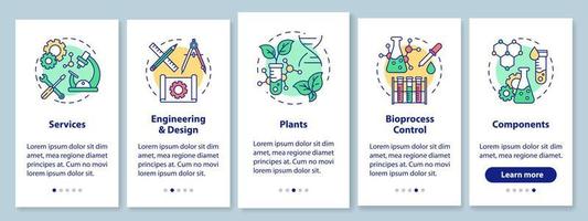 Bioengineering Onboarding mobiler App-Seitenbildschirm mit linearen Konzepten. Dienstleistungen und Anlagen, Komponenten. fünf Schritt-für-Schritt-Grafikanweisungen. ux, ui, gui-Vektorvorlage mit Illustrationen vektor