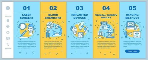 Biomedizinische Technik Onboarding mobiler Webseiten Vektorvorlage. Laser Behandlung. reaktionsschnelle Smartphone-Website-Schnittstellenidee, lineare Illustrationen. Schrittbildschirme für die Website-Walkthrough-Schritte. Farbkonzept vektor