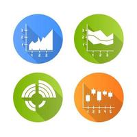 Diagramm und Grafik flaches Design lange Schatten-Glyphe-Symbole gesetzt. Radialdiagramm mit steigenden Werten. Flächendiagramme. vertikales Streuhistogramm. Wirtschaftsforschung, Bericht. Vektor-Silhouette-Abbildung vektor