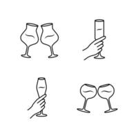 Weinservice lineare Symbole gesetzt. klirrende Weingläser. Hände, die alkoholische Getränke halten. Feier. Glaswaren, Weingut. dünne Linienkontursymbole. isolierte Vektorgrafiken. bearbeitbarer Strich vektor