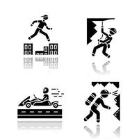 Extremsport Farbe Schlagschatten schwarze Glyphe Icons Set. Parkour, Hindernisse überwinden. abseilen, abseilen. Alpinismus, Bergsteigen. Höhlenforschung, Schlaglöcher. Höhlenforschung. isolierte vektorillustrationen vektor