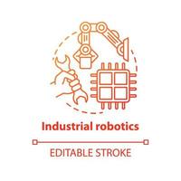 Symbol für das rote Konzept der Industrierobotik. Gebäudetechnik Idee dünne Linie Abbildung. Arten von Robotern, Klassifizierung. Computermaschinenbau. Vektor isolierte Umrisszeichnung. bearbeitbarer Strich