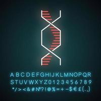 sexkantig DNA helix neonljus ikon. deoxiribonuklein, nukleinsyrastruktur. molekylärbiologi. genetisk kod. genetik. glödande tecken med alfabet, siffror och symboler. vektor isolerade illustration