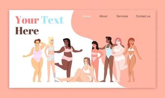 body positiva målsida vektor mallar. kvinnor klädda i baddräkter webbplats gränssnitt idé med platta illustrationer. leende damer hemsida layout. feminism webbbanner, webbsida tecknad koncept