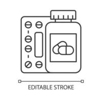 medicin linjär ikon. piller i flaska. recept och tillägg. farmaceutiskt läkemedel. tunn linje illustration. kontur symbol. vektor isolerade konturritning. redigerbar linje