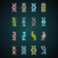 dna helix neonljus ikoner set. deoxiribonuklein, nukleinsyrastruktur. kromosom. spiralformade trådar. molekylärbiologi. genetisk kod. genom. genetik. glödande tecken. vektor isolerade illustrationer
