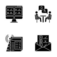 Vermessungsmethoden Glyphensymbole gesetzt. Online-, E-Mail-, Internetverbindungsumfrage. Interview. öffentliche Meinung. Kundenbewertung. Rückmeldung. Auswertung. Soziologie. Silhouette-Symbole. isolierte Vektorgrafik vektor