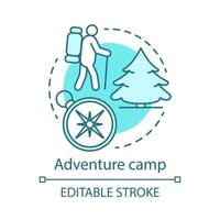 Symbol für das Konzept des Abenteuercamps. Sommer-Wander- und Campingclub, Urlaubsresort-Idee, dünne Linie Illustration. Rucksackreisen im Wald, Reisen im Wald. Vektor isolierte Umrisszeichnung. bearbeitbarer Strich