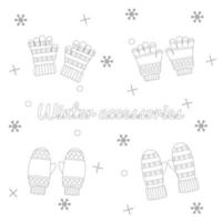 Satz Winterhandschuhe und -handschuhe. warme Fäustlinge. Winterzubehör. Farbbuch vektor