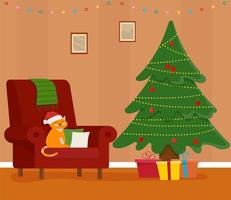 julrumsinredning. julgran, present och dekoration vektor