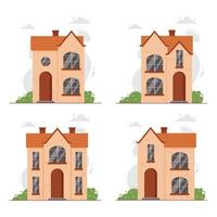 Zweistöckiges Einfamilienhaus in der Vorstadt oder auf dem Land mit großen Fenstern und Kamin. modernes Villa-, Cottage- oder Stadthauskonzept. Hausfassade und äußere Vektorillustration. vektor