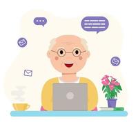 glad farfar med laptop. gammal man använder datorn för att kommunicera på internet vektor