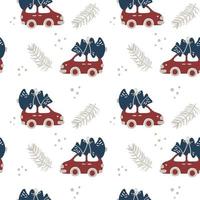 handgezeichnete Weihnachten nahtlose Muster Hintergrund mit rotem Auto und Weihnachtsbaum. Babyhintergrund für Geschenkpapier, Bekleidungstextilien vektor
