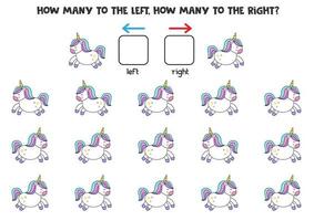 links oder rechts mit süßen Cartoon-Einhörnern. logisches Arbeitsblatt für Vorschulkinder. vektor