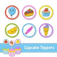 cupcake toppers. uppsättning av sex runda bilder. seriefigurer. söt bild. för födelsedag, fest, baby shower. vektor