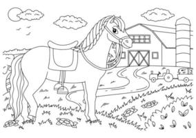 süßes Pferd. Bauernhoftier. Malbuchseite für Kinder. Cartoon-Stil. Vektor-Illustration isoliert auf weißem Hintergrund. vektor
