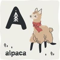 alfabet med latinska bokstäver i skandinavisk stil. en - alpacka. alfabet med söta djur för barns utbildning i pastellfärger vektor
