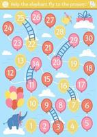 födelsedagsbrädspel för barn med söta djur. pedagogiskt semesterbrädspel med moln, stegar och ballonger. överraskningsfestaktivitet. hjälpa elefanten att flyga till nuet. vektor
